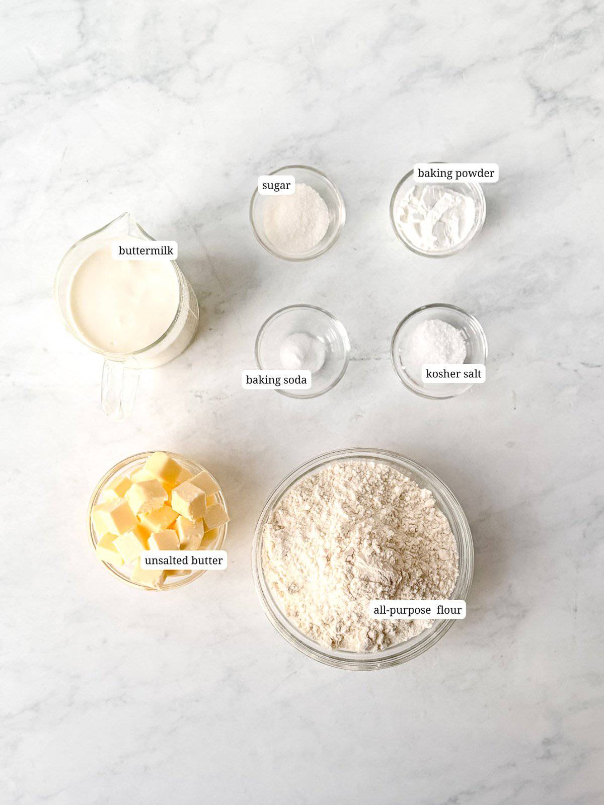Labeled image of ingredients needed to make buttermilk biscuits.