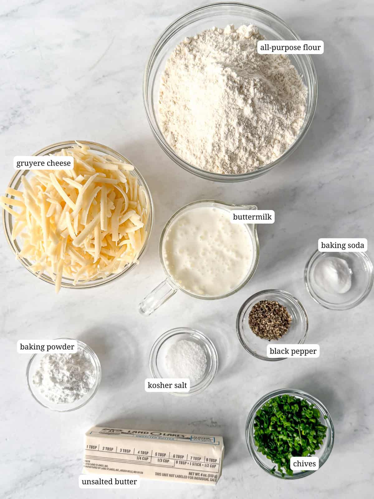 Labeled image of ingredients needed to make Gruyere biscuits.