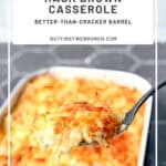 Pinterest image of holding a spoonful of hash brown casserole.