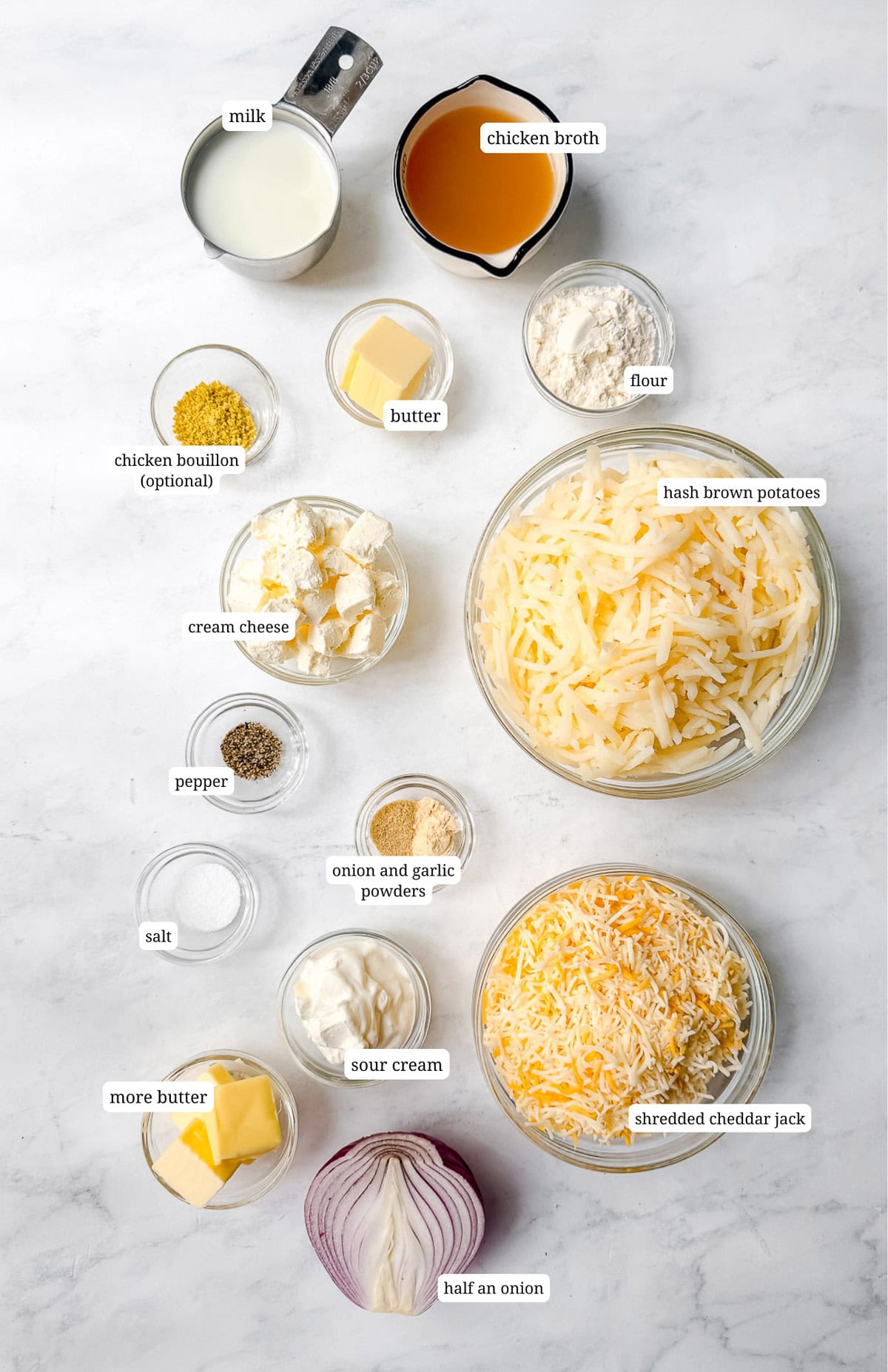 Ingredients for hash brown casserole.