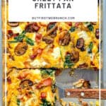 Pinterest image of a sheet pan frittata with a spatula.