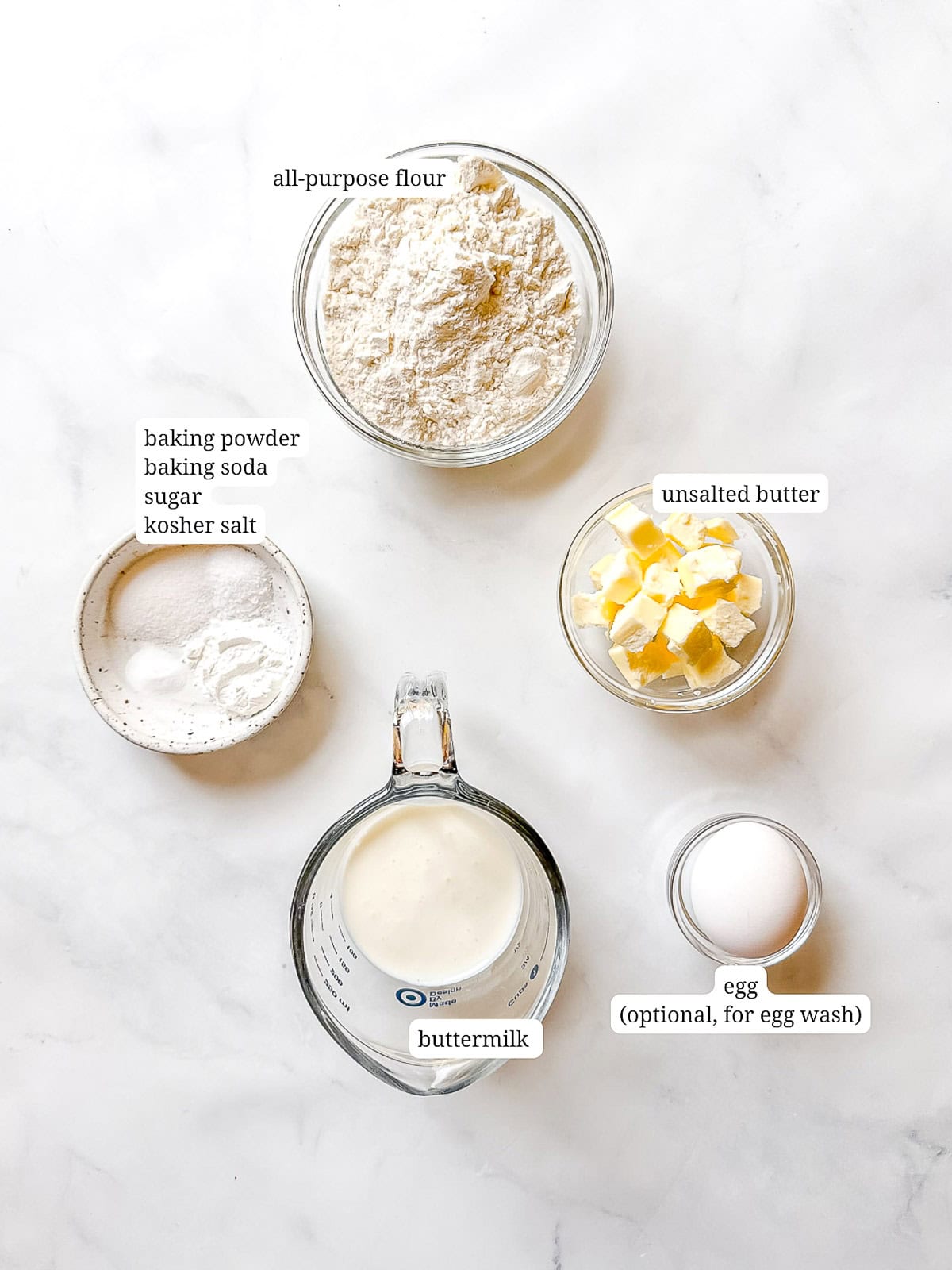 Ingredients needed to make a small batch of buttermilk biscuits.