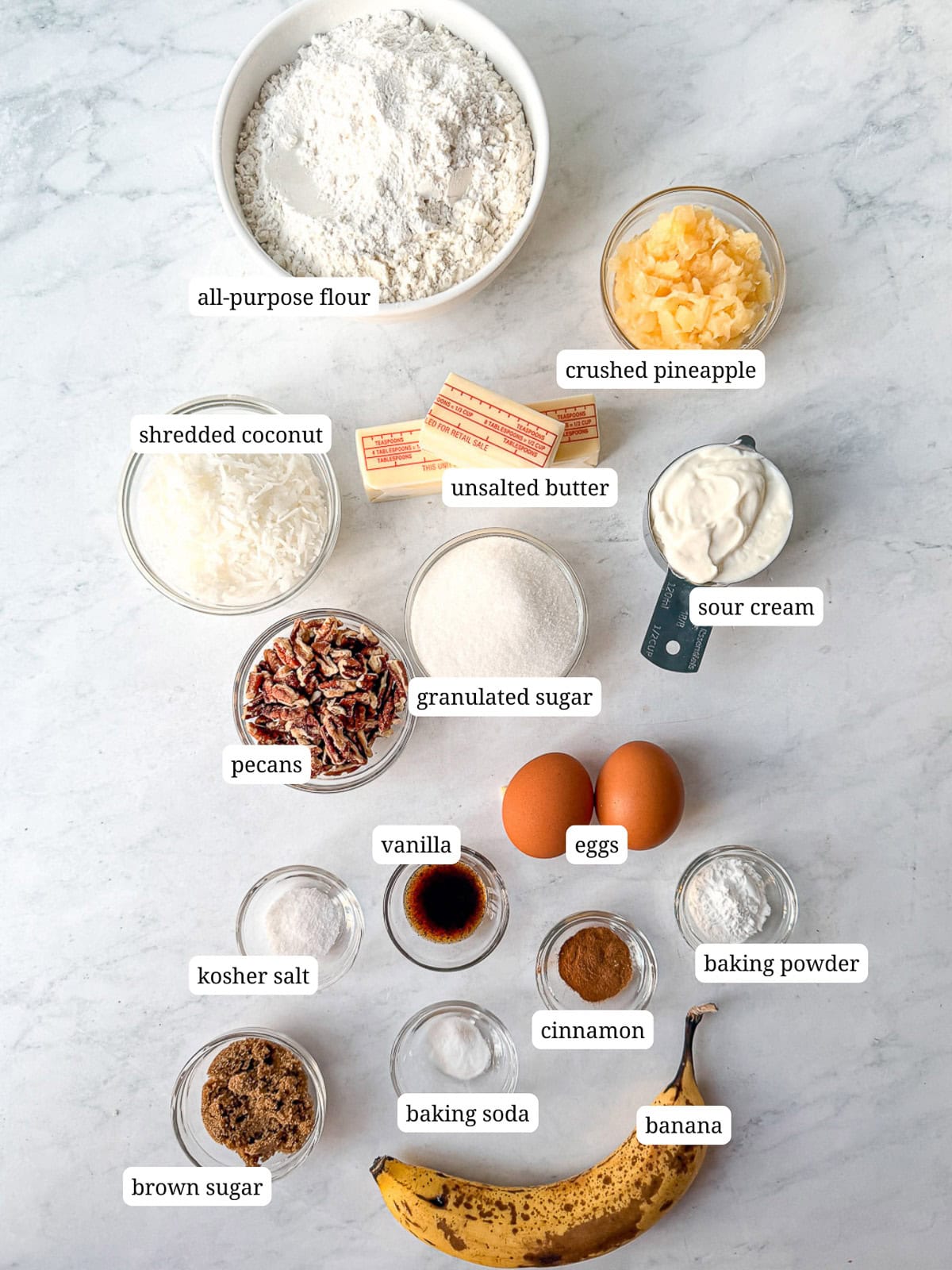Labeled image of ingredients to make hummingbird muffins.