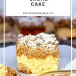 Pinterest image of a slice of crumb cake on a white plate.