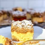 Crumb cake on a white plate.