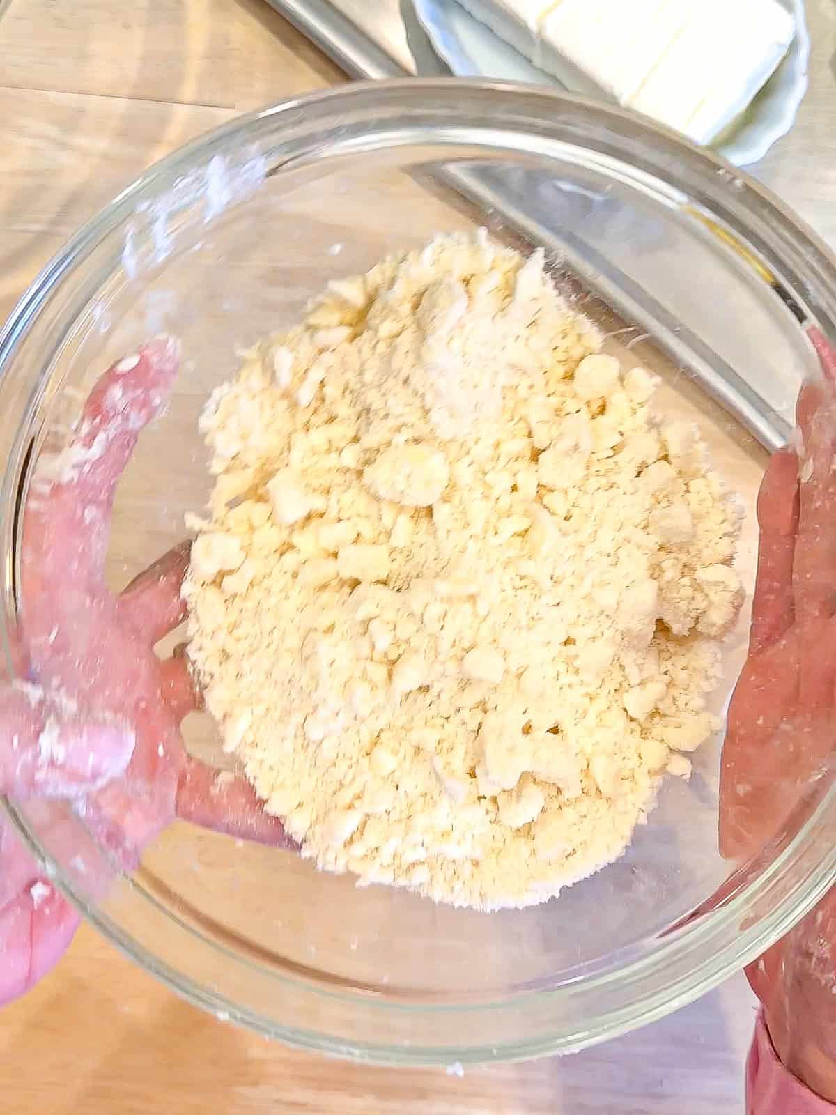Crumb topping in a glass bowl.