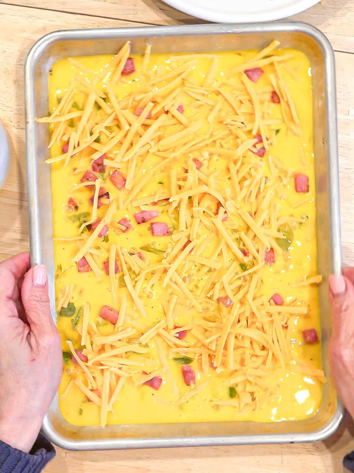 Sheet pan Denver omelette before putting into the oven.