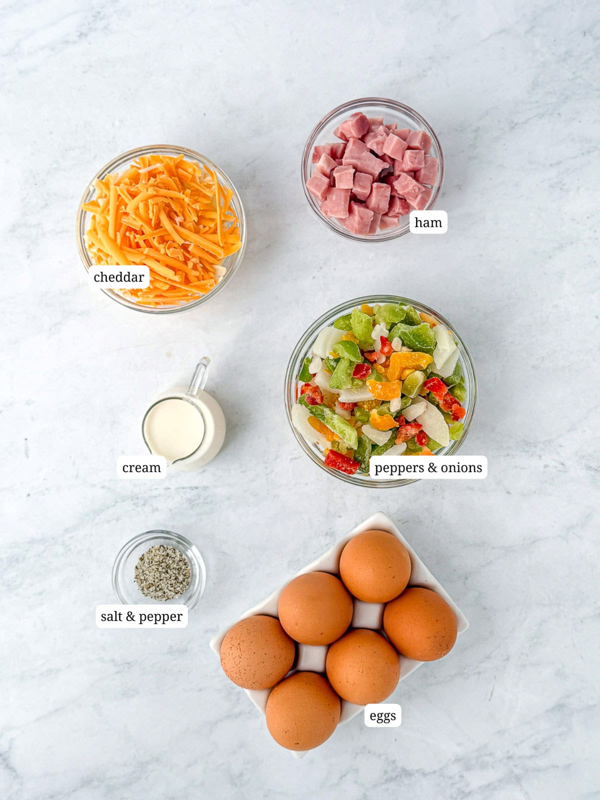 Ingredients needed to make a sheet pan omelette.