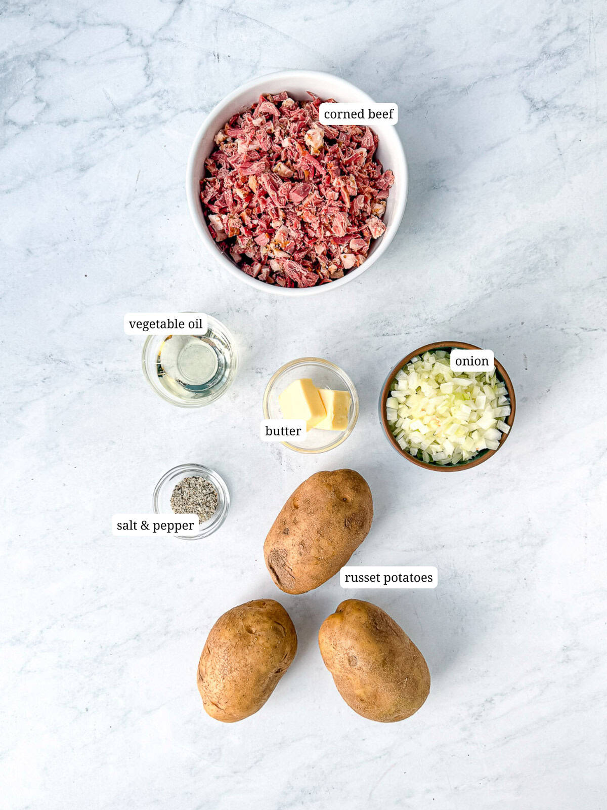 Ingredients needed to make corned beef hash.