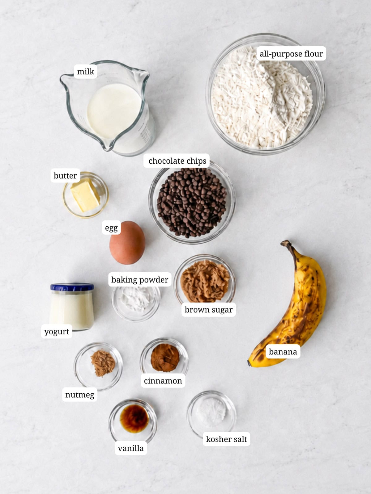 Labeled image of ingredients to make banana bread waffles.