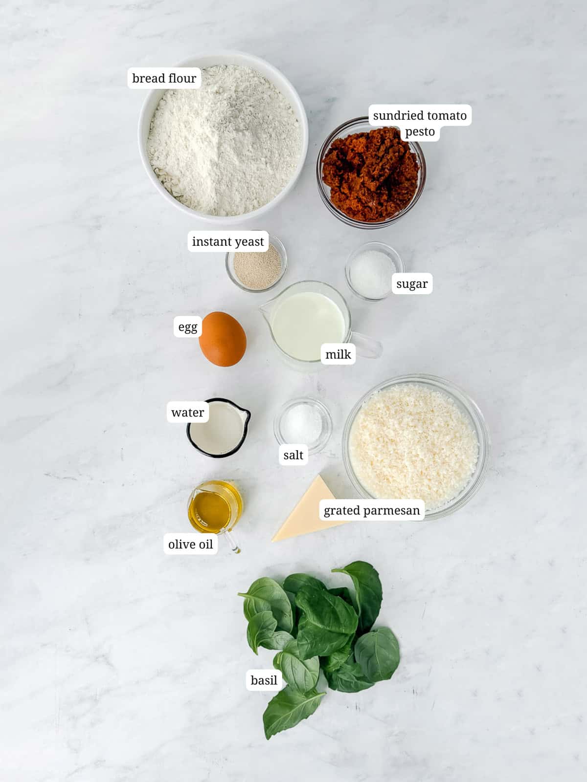 Labeled image of ingredients needed to make pane bianco.