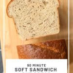 Pinterest image of a sliced soft sandwich rye bread.