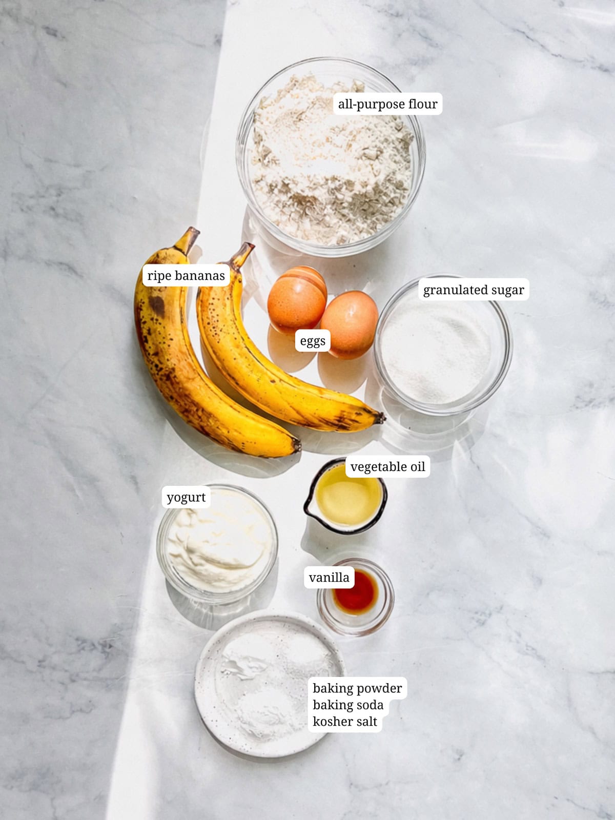 Ingredients needed for one bowl banana bread.