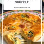 Pinterest image of a spinach and bacon soufflé on a floral plate