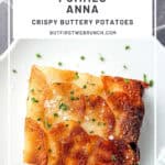 Pinterest image of a slice of sheet pan pommes anna on a white plate.
