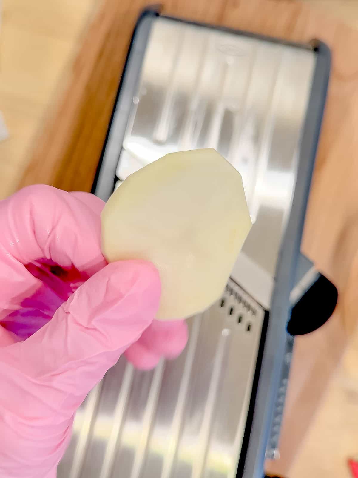 Thinly sliced potato from a mandolin.