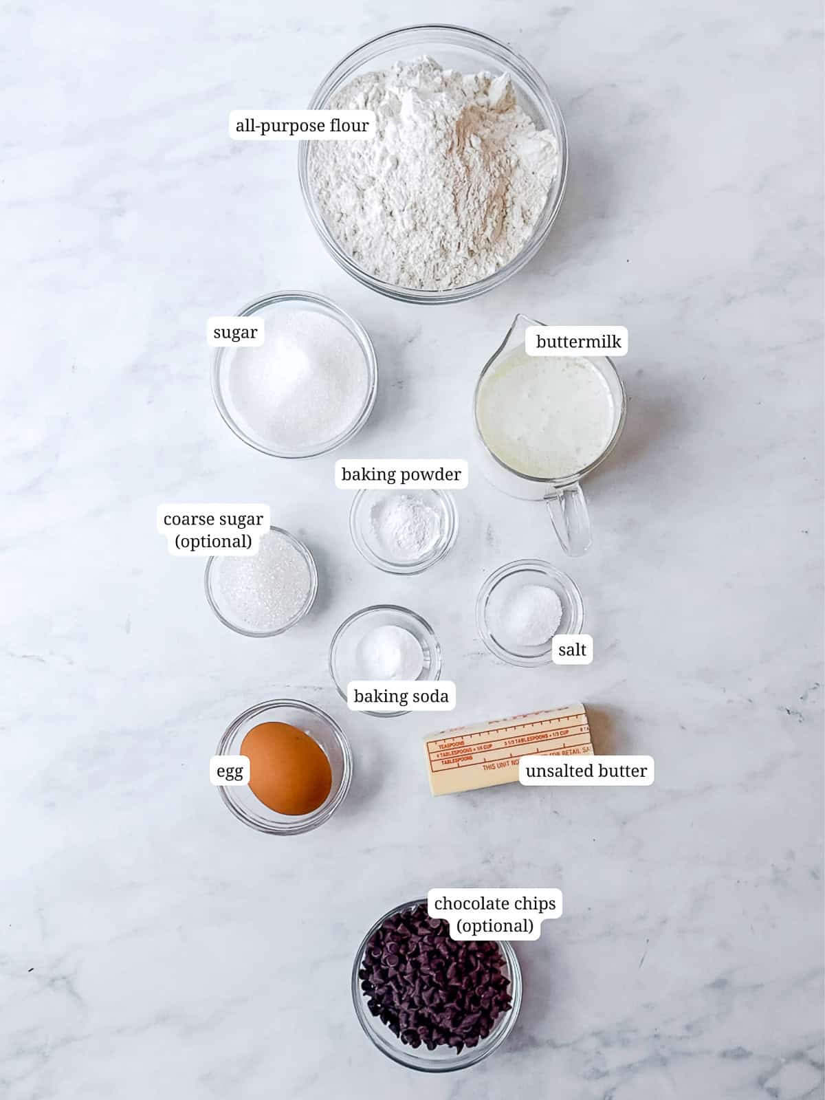 Ingredients needed to make Irish soda bread muffins.