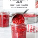 Pinterest image of later a strawberry jam into jars.