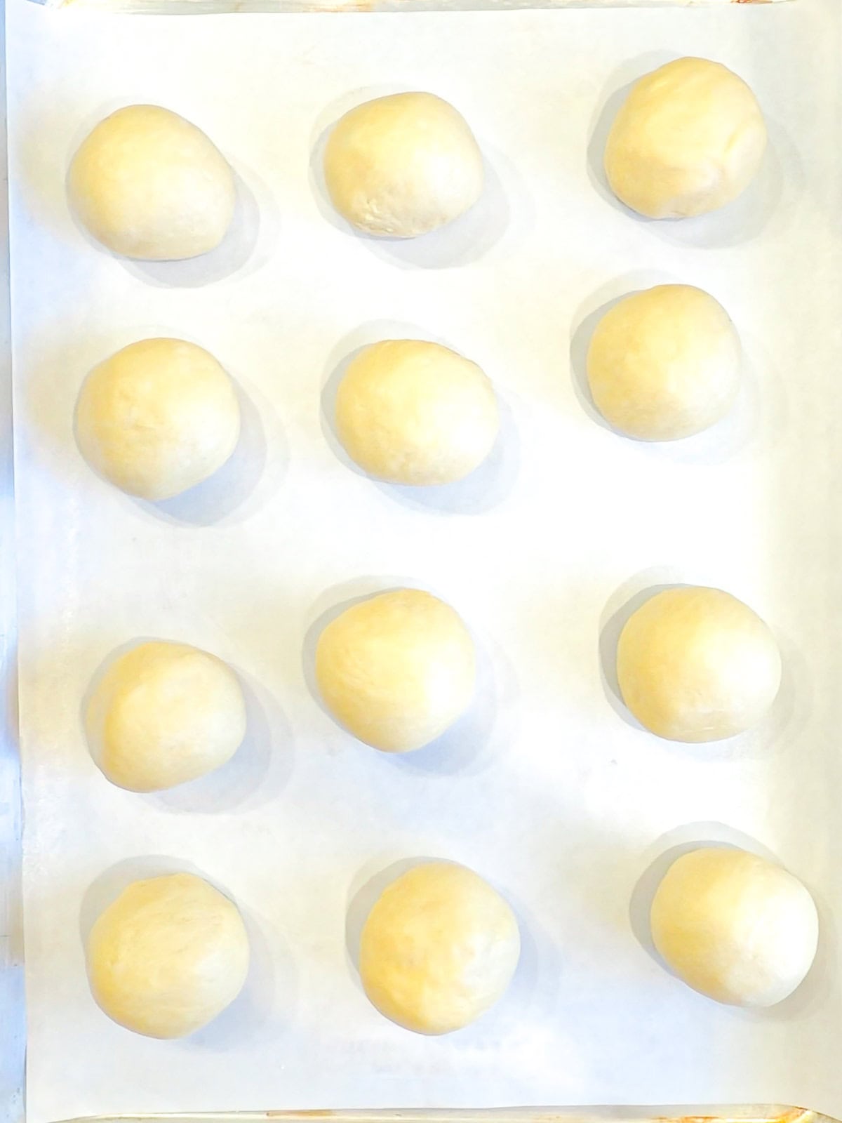 12 dough balls on a parchment paper lined sheet pan.