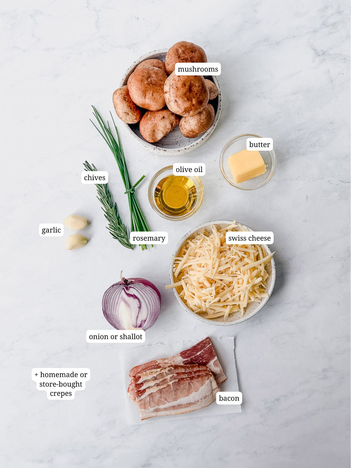 Labeled image of ingredients needed to make mushroom crêpes.