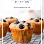 Pinterest image of blueberry muffins on a wire rack.