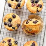 Blueberry muffins on a wire rack.