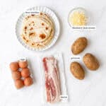 Labeled image of ingredients needed to make bacon and egg breakfast tacos.