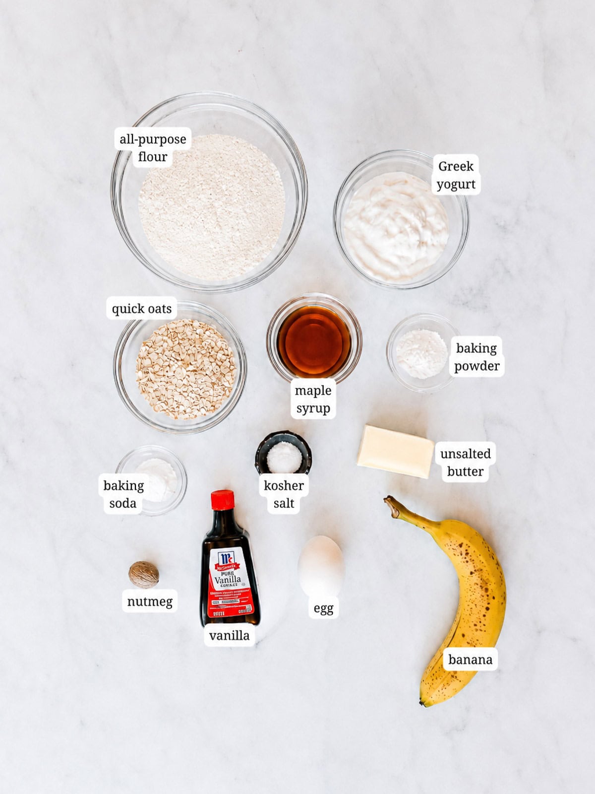 Image of ingredients needed to make banana oatmeal pancakes.