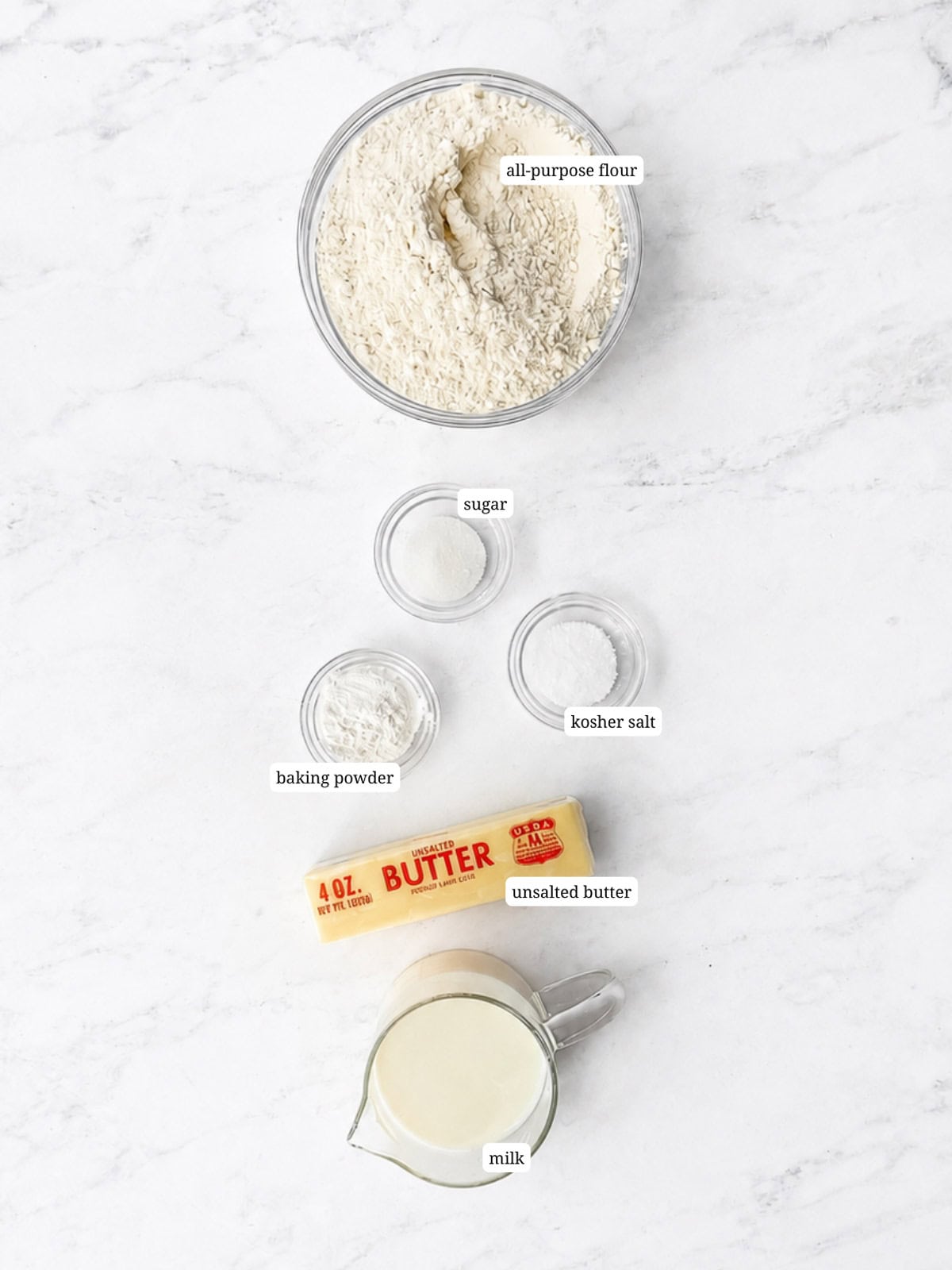 Ingredients needed to make biscuits with milk.