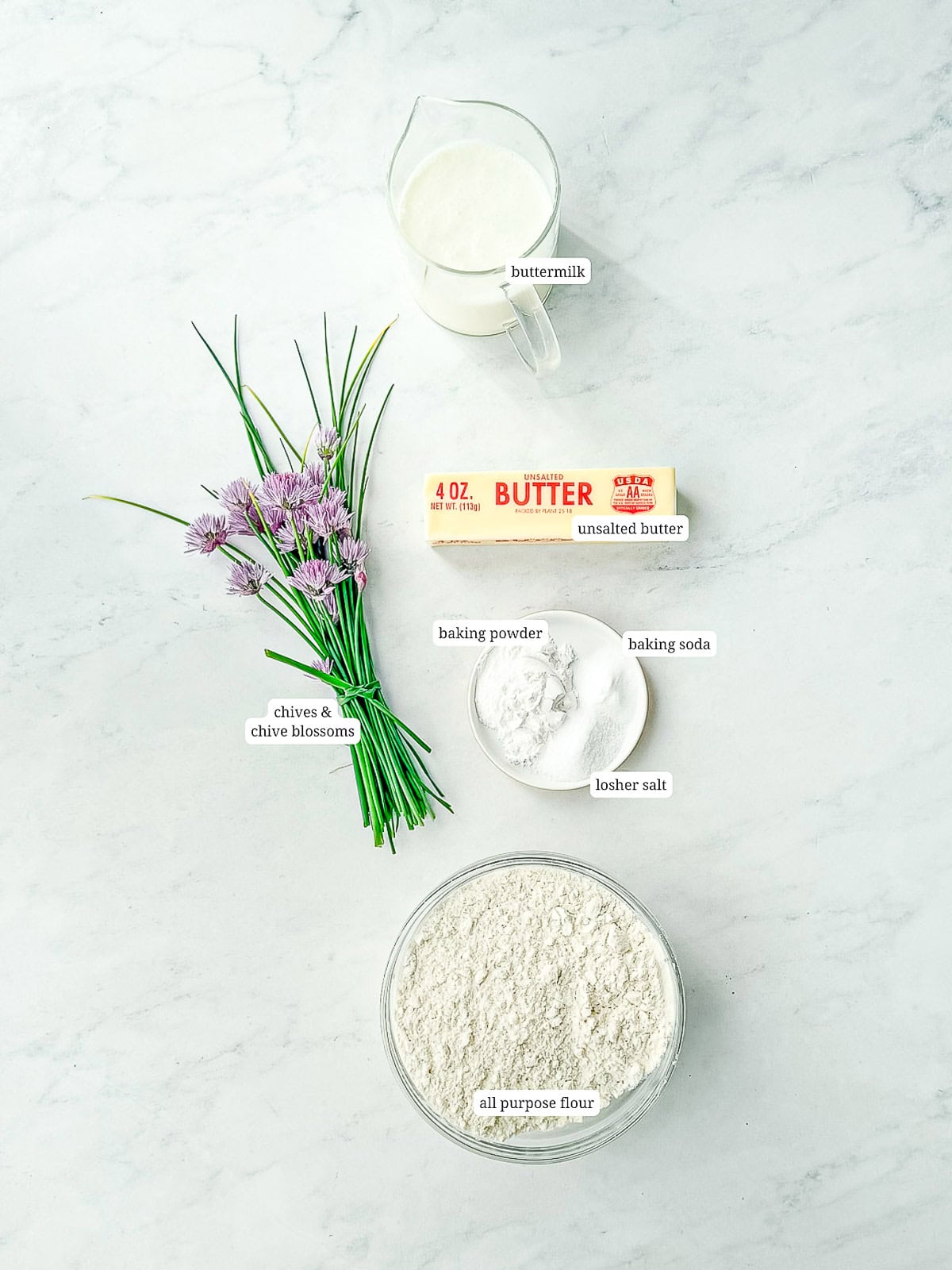 Ingredients needed to make chive blossom biscuits.
