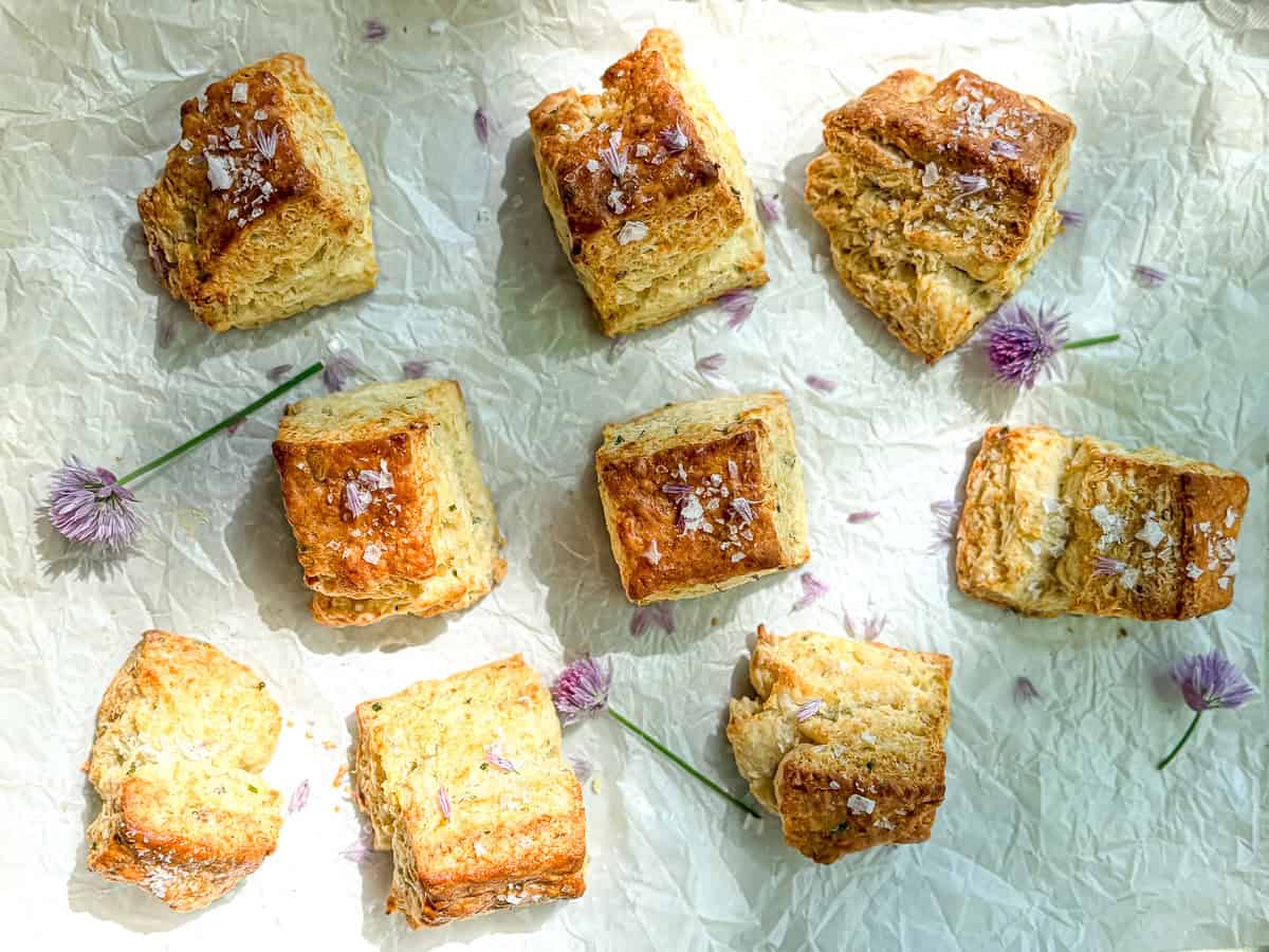 Chive blossom biscuits on parchment paper.