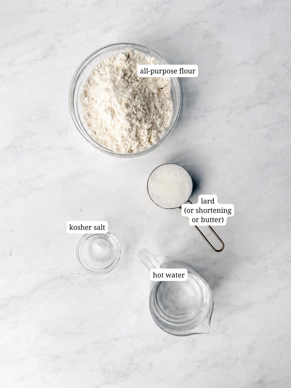 Labeled image of ingredients needed to make flour tortillas with lard.