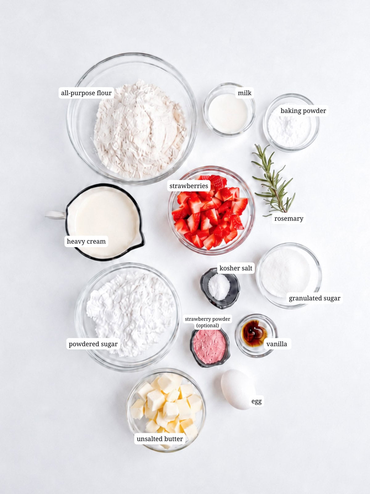 Labeled image of ingredients needed to bake strawberry and rosemary scones.