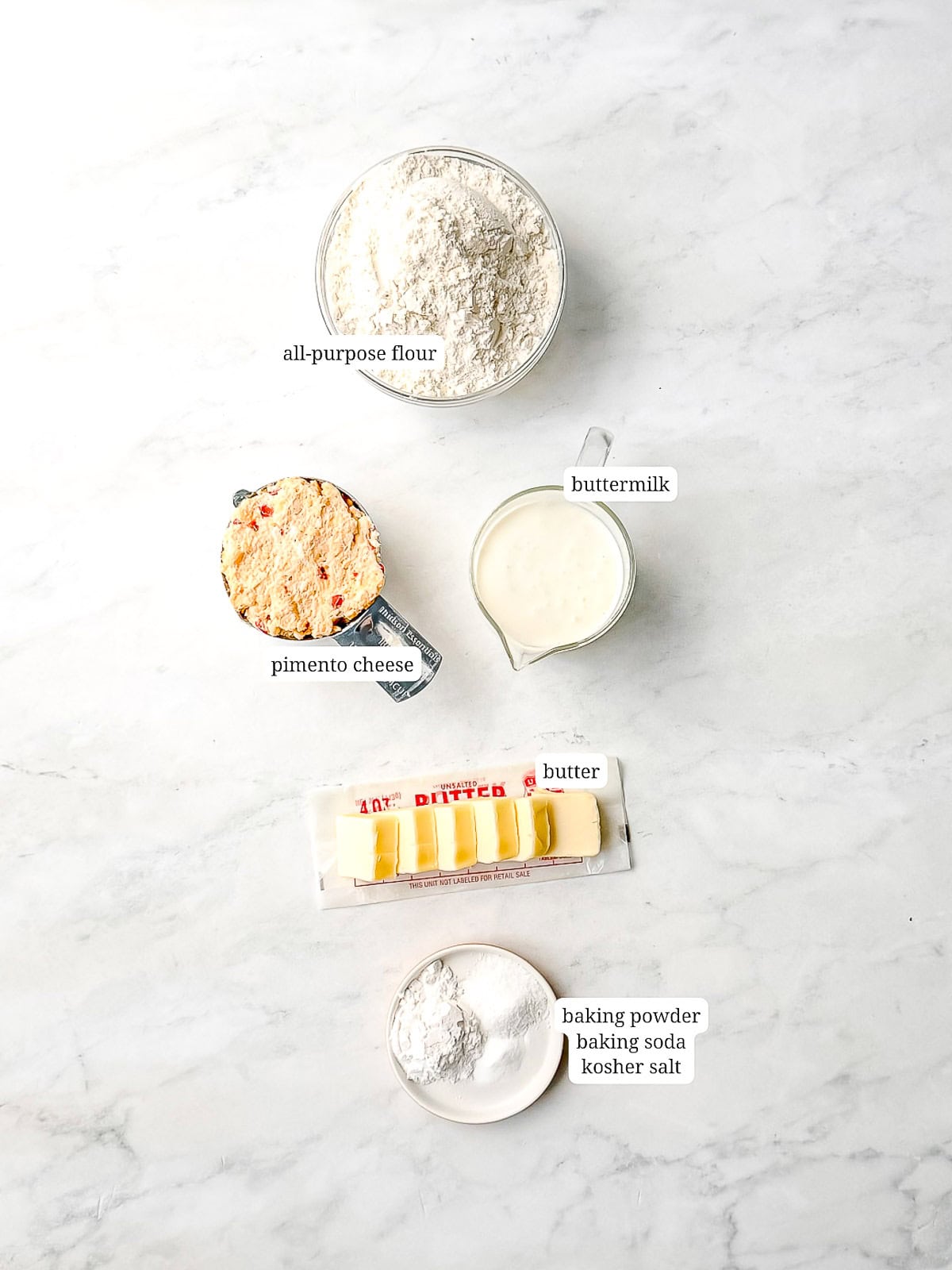 Labeled image of ingredients needed to make pimento cheese biscuits.