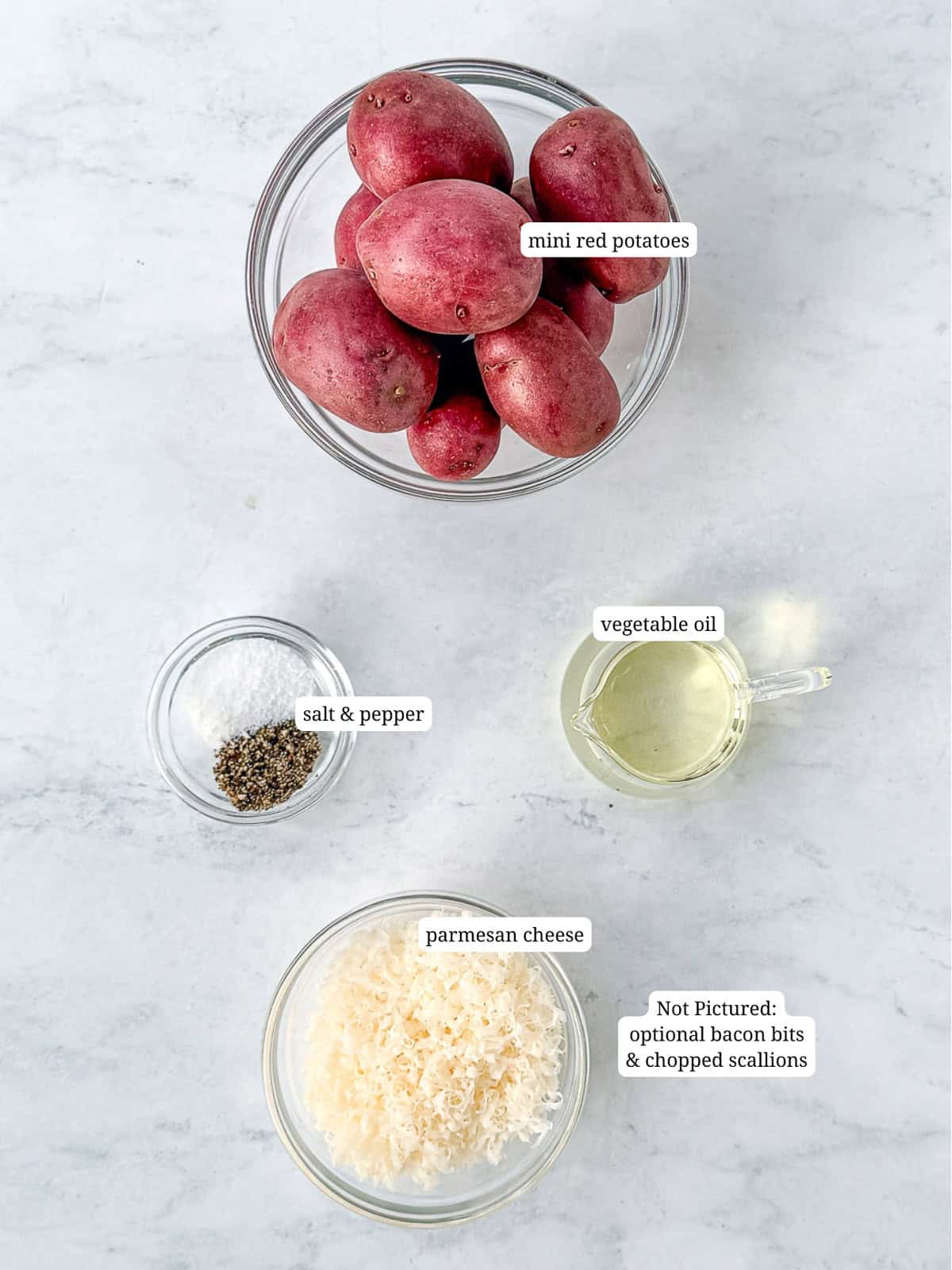 Ingredients needed to make loaded smashed potatoes.