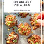 Pinterest image of loaded breakfast smashed potatoes on a sheet pan.