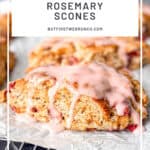 Pinterest image of a strawberry scone with strawberry glazed drizzled on top.