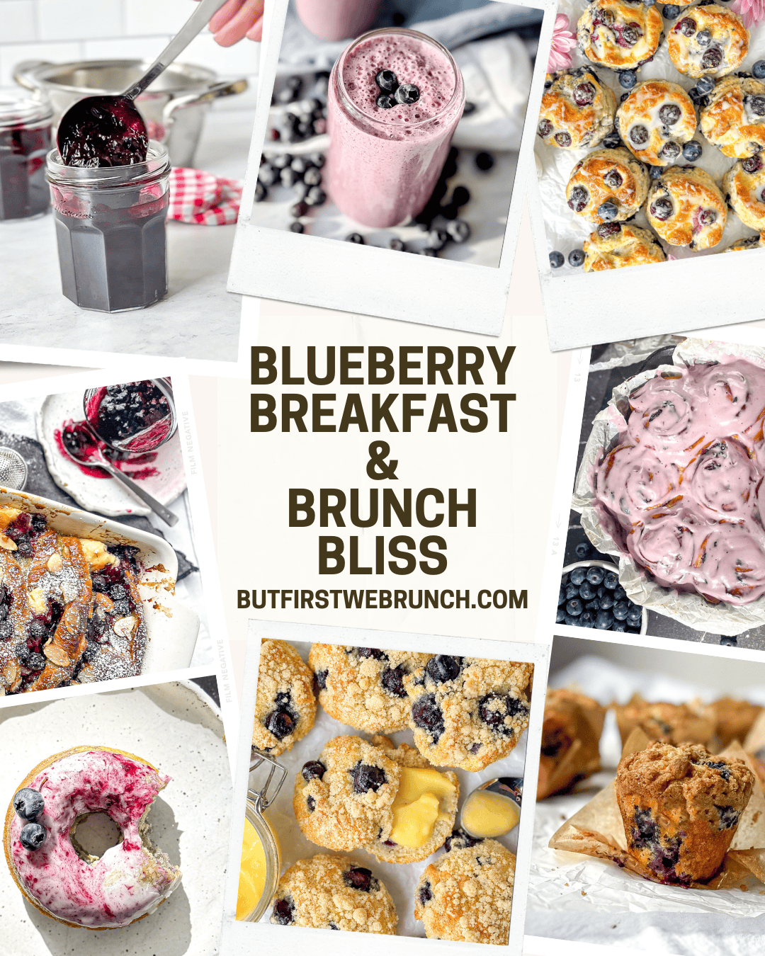 Image collage of blueberry breakfast and brunch dishes.