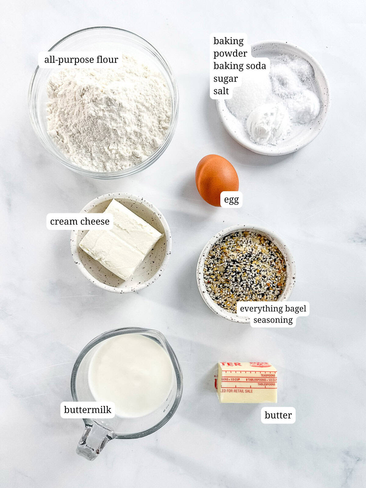Ingredients needed to make cream cheese biscuits.