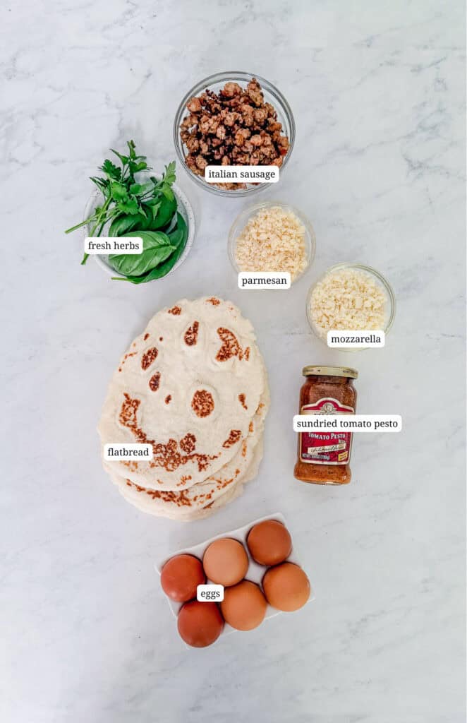 Ingredients needed to make flatbread breakfast pizza.