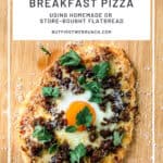 Pinterest image of a flatbread breakfast pizza on a wooden cutting board.