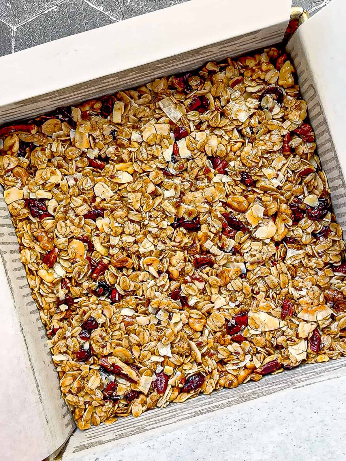 Baked granola in a pan.