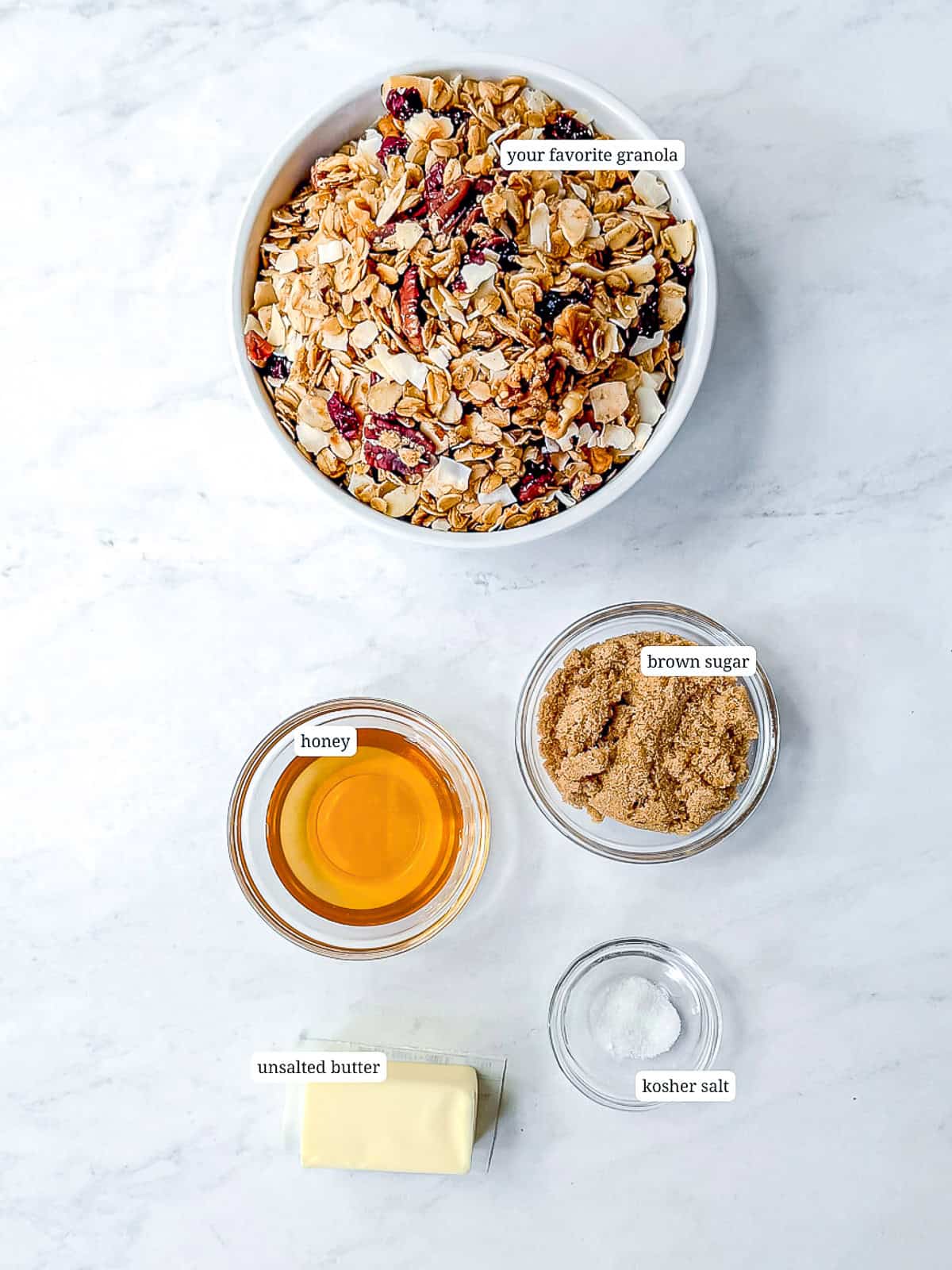 Ingredients needed to make easy baked granola bars.