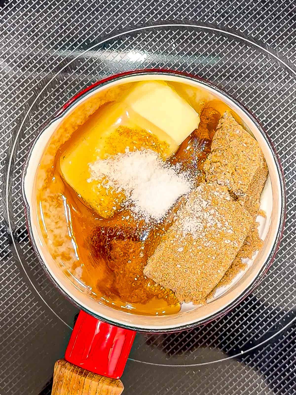 Butter, brown sugar, honey, and salt in a small sauce pan.