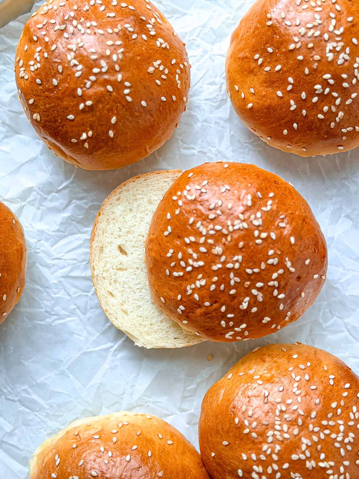 Hamburger buns on parchment paper.