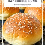Pinterest image of hamburger bun buns on a wire rack.