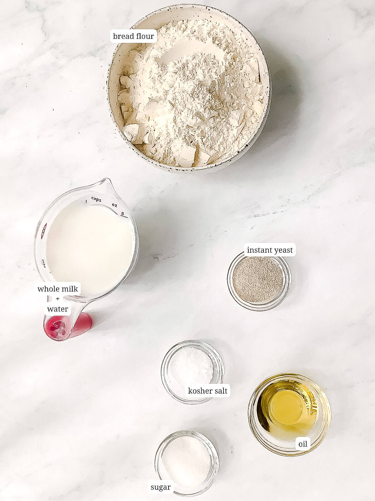 Ingredients needed to make hotdog buns.