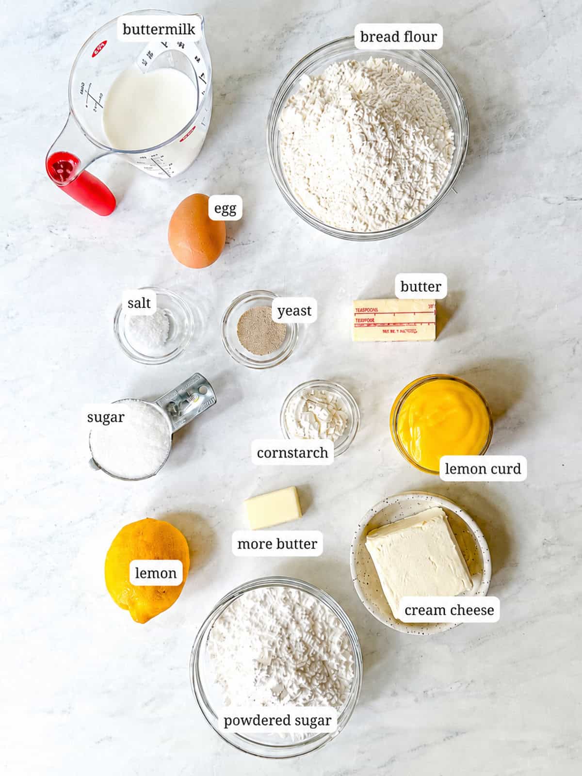 Ingredients needed to make lemon rolls.
