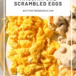 Pinterest image of creamy mascarpone eggs on a white plate with biscuits and gravy.
