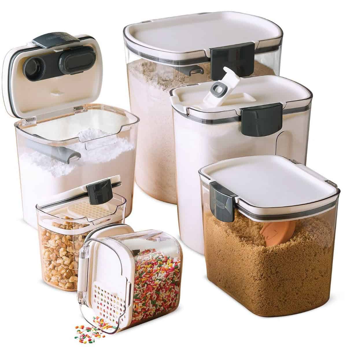 Airtight containers for holding biscuit baking ingredients.